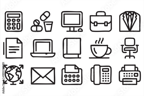 Office Workspace Icons, Computer, Document, Communication, Business Tools UI