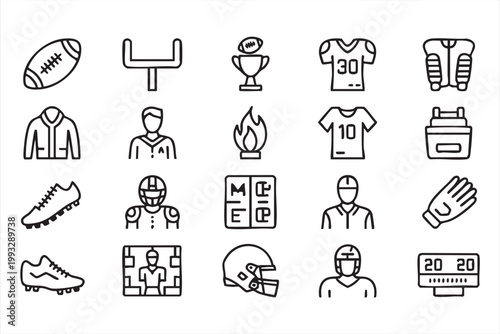 American Football Icons, Player Equipment, Helmet, Jersey, Sports UI Set