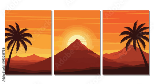 Serene desert mountain landscape triptych illustration featuring palm trees under a vibrant sunset sky