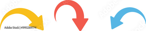 Three Curved Arrows Yellow Red and Blue on White Background Keywords: arrow, curve, direction, movement, change, cycle, turn, loop, symbol
