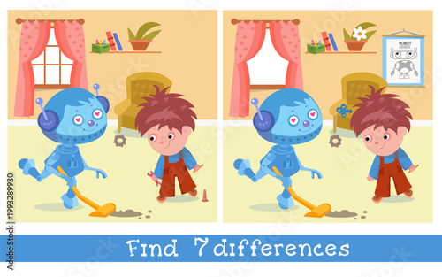 Kids educational vector find 7 differences game with cute robot and boy inventor in cozy room. Colorful cartoon scene displays technical posters toys and home interior creating engaging activity for