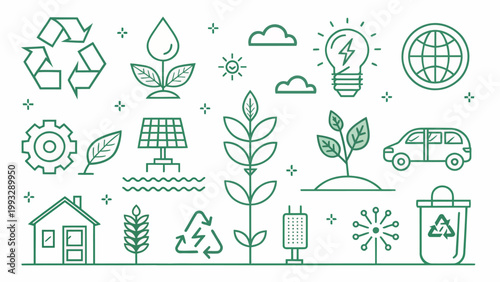 Set of green ecofriendly icons representing sustainable living, renewable energy, recycling, and environmental conservation