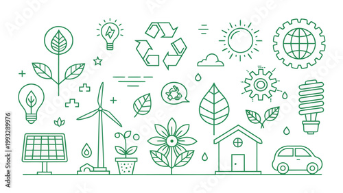 Set of ecofriendly and sustainable energy icons, including solar panels, wind turbine, recycling symbol, light bulbs, and nature elements, line art style