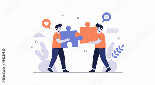 Two men connecting puzzle pieces, teamwork and collaboration concept