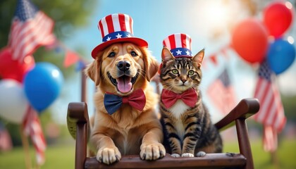 Dog and cat wear patriotic hats and bow ties for holiday celebration. Pets sit together outside with American flags and balloons. Animals look happy and festive.