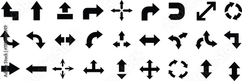 Collection of black arrow icons in various directions and styles on white background symbol navigation