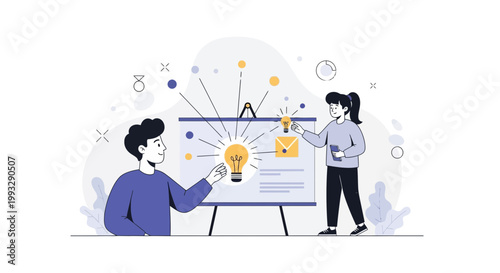Teamwork Brainstorming: People developing ideas with lightbulbs and presentation board