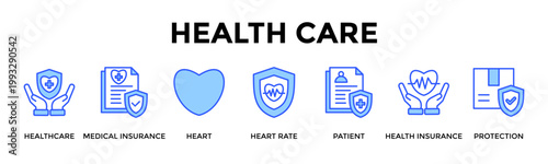Health Care  Banner Web  Icon Set Collection Pack Vector Illustration Concept Containing Healthcare, Medical Insurance, Heart, Heart Rate, Patient, Health Insurance, Protection