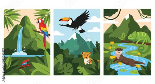 A stunning vector illustration collection presenting diverse wild animals thriving in their natural jungle habitat.