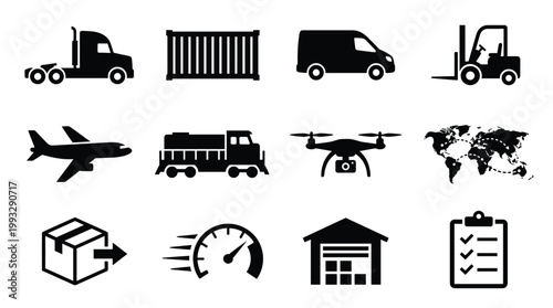 A comprehensive collection of modern black vector icons representing global logistics, transportation, shipping, and delivery services for business use.