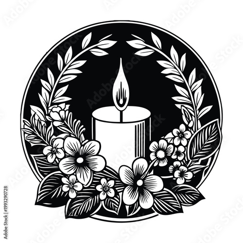 Black and white candle icon, floral wreath, vector illustration, monochrome design, candle flame