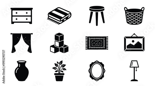A collection of black silhouette vector icons representing common home decor, furniture, and household items. Ideal for web, apps, infographics, and interior design projects.