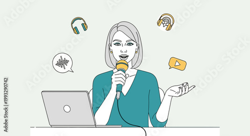 Woman Podcaster Speaking into Microphone with Laptop and Social Media Icons
