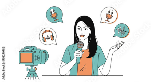 Woman Podcaster Recording Audio with Microphone and Camera for Online Content