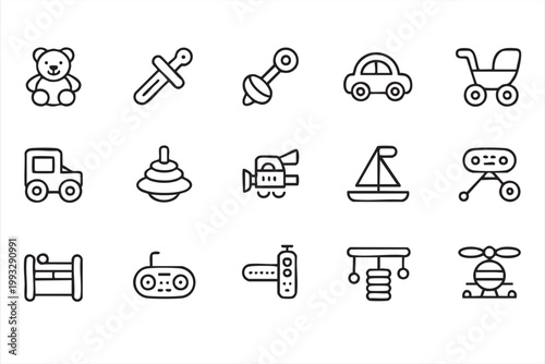 Kids Toys Icons, Teddy Bear, Rattle, Stroller, Baby Play Objects UI