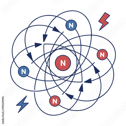 A magnetic atom model illustrates electrons orbiting a nucleus while magnetic field lines surround the atom, symbolizing atomic structure, magnetism, and scientific discovery.
