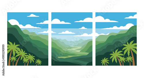 Stylized vector illustration showcases lush green tropical mountains and palm trees under a blue sky.
