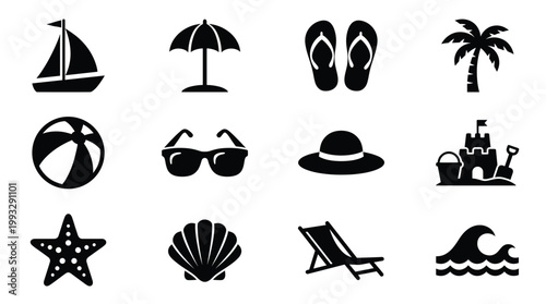 A curated collection of essential black vector icons capturing the spirit of summer, beach, and tropical vacations. Perfect for web design, apps, and print materials.