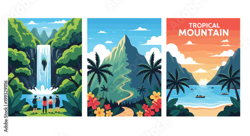 Vibrant vector illustration set featuring beautiful tropical mountain landscapes with lush forests and scenic waterfall travel destinations