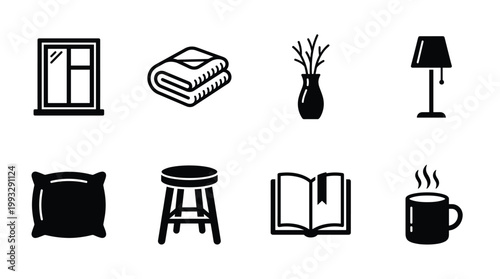 Set of cozy home and relaxation icons including window, blanket, lamp, book, and mug. Perfect for interior design themes and comfortable living concepts.
