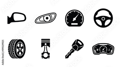 Modern black silhouette vector icons representing essential car parts and automotive functions. Ideal for vehicle services, apps, websites, and mechanic shops.