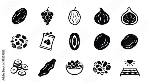 Vector icon set of healthy dried fruits and nuts: dates, figs, raisins, almonds, banana chips. Ideal for food design, apps, and healthy snack themes.