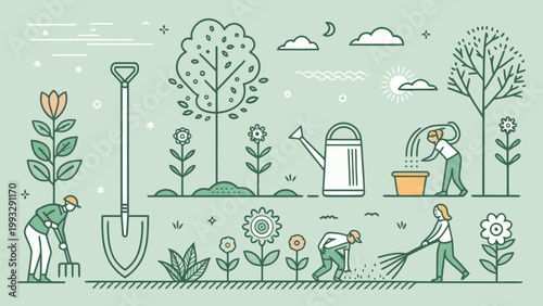 Gardening and landscaping vector illustration with people planting flowers, watering plants, and using garden tools in a flat line art style