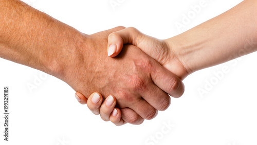 Firm handshake between two diverse human hands, close-up view