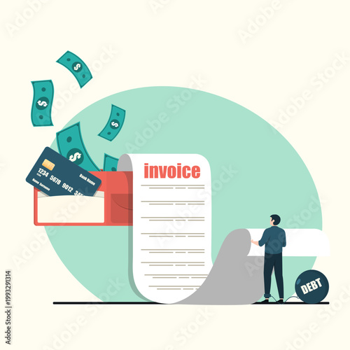 Flat character looking at a massive invoice scroll coming from a red wallet. A heavy debt ball is chained to his ankle as money flies away, representing financial struggle and overspending.