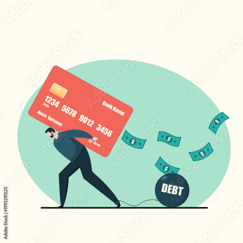 A man struggles to carry a massive red credit card on his back while dragging a heavy black ball and chain labeled debt, symbolizing financial pressure and money problems in a flat art style.