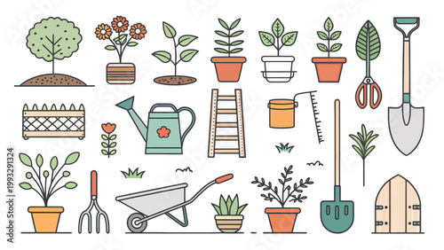 Set of gardening tools and plants, including a tree, potted flowers, watering can, ladder, wheelbarrow, shovel, rake, and wooden gate, vector illustration