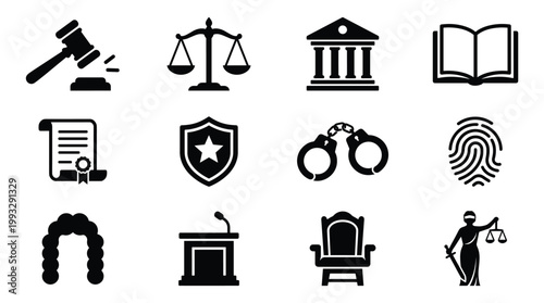 Collection of black vector legal justice icons: gavel, scales, courthouse, Lady Justice. Perfect for law firm websites, presentations, and applications.