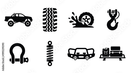 Vector set of off-road vehicle equipment icons including truck, tire, bumper, winch, shackle, suspension, mud splash, and roof rack. Ideal for auto, adventure, and outdoor designs.