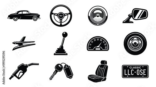 A comprehensive collection of black vector icons depicting classic car components like steering wheel, headlight, gear shift, and license plate. Ideal for automotive designs.