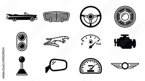 A comprehensive vector set of vintage automobile icons, perfect for classic car enthusiasts. Features retro vehicle parts and dashboard symbols for design projects.