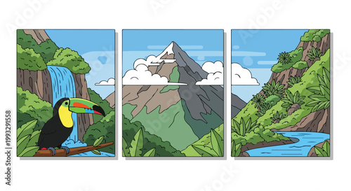 Vibrant vector illustration featuring a tropical toucan bird perched near a waterfall and majestic mountain peaks