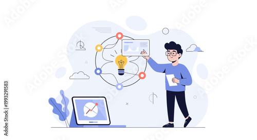 Man presenting idea, business strategy, innovation, light bulb, charts, laptop, teamwork concept