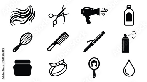 Collection of black glyph vector icons representing hair care products, styling tools, and salon essentials. Ideal for beauty, barbershop, and cosmetic branding.