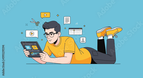 Young man editing video on tablet, creative process, digital content creation