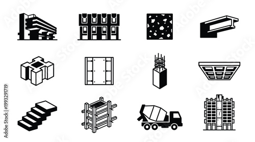 A collection of black and white vector icons depicting diverse construction elements and architectural structures. Ideal for design, engineering, and industry graphics.