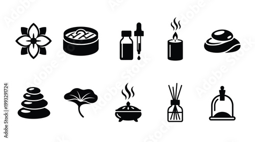 Set of black silhouette vector icons representing spa, wellness, and relaxation elements like essential oils, stones, and candles. Perfect for beauty, health, and therapy designs.
