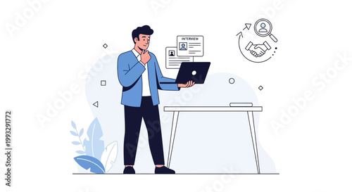 Man with laptop and CVs, hiring process, recruitment, job search, handshake icon