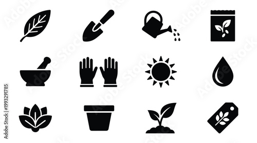 Black vector glyph icons for gardening, nature, and plant care. Perfect for web design, apps, education, and ecological themes.