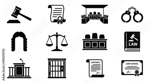 Comprehensive collection of black vector icons representing law, justice, court, and legal system concepts. Ideal for legal websites, education, and UI design.