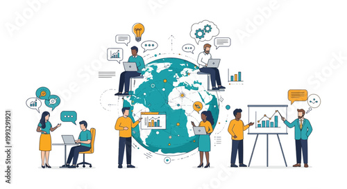 People Working Around A Large Globe.