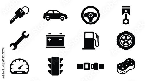 Collection of essential automotive black silhouette icons including car, key, wheel, engine, battery, steering, gas pump, tools. Ideal for auto service, repair, transport apps, web.