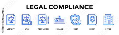 Legal Compliance  Banner Web  Icon Set Collection Pack Vector Illustration Concept Containing Legality, Law, Regulation, Id Card, User, Sheet, Office