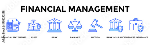 Financial Management  Banner Web  Icon Set Collection Pack Vector Illustration Concept Containing Financial Statements, Asset, Bank, Balance, Auction, Bank Insurance, Business Insurance