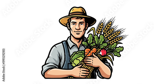Man holding basket of fresh vegetables.