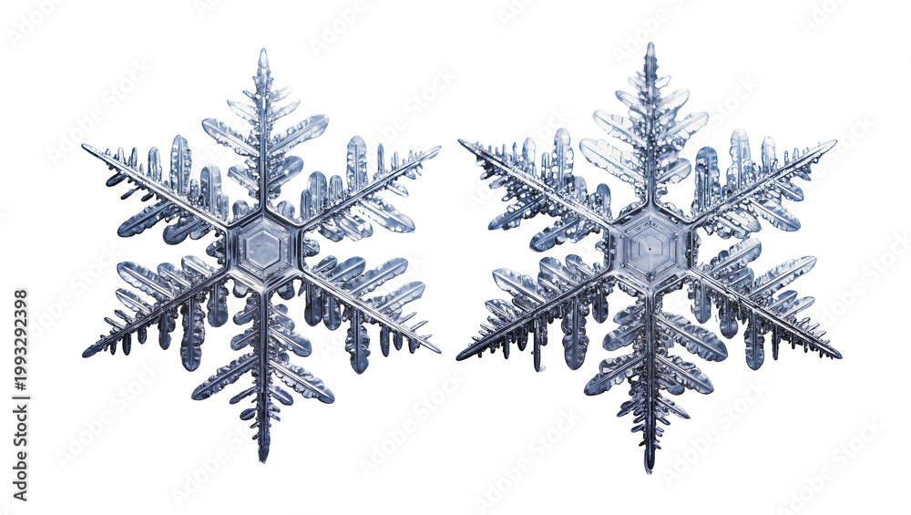 Obraz premium Detailed intricate crystalline snowflakes pair close-up view